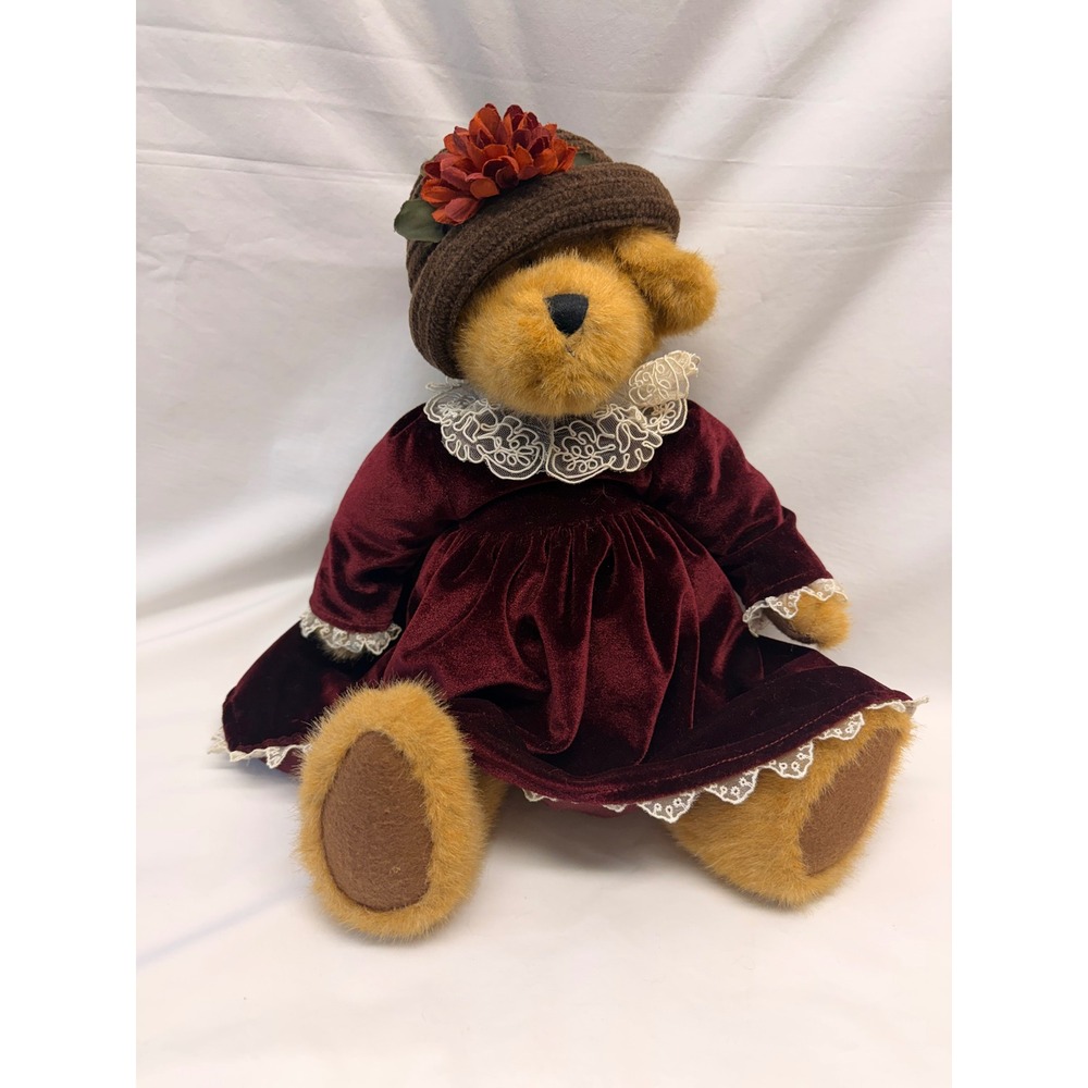 Boyds Collection Archive Series Teddy Bear Burgundy Velvet Dress Lace Hat 12in